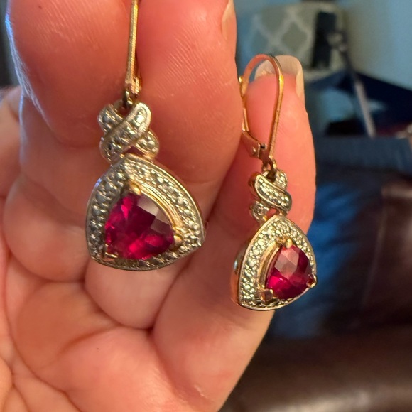 Vintage gold over Sterling Silver 925 Simulated Ruby & CZ Drop Earrings - Picture 1 of 8